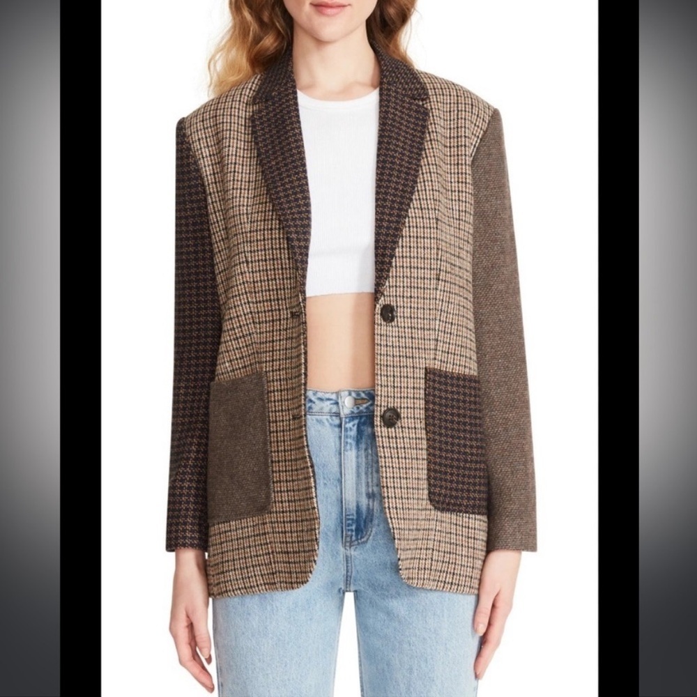 BB Dakota Patchwork Plaid Blazer Mixed Brown Black Plaid Jacket XS New With Tags - Picture 9 of 10